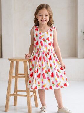 NWOT | Girls' "Sweet Treats" Watercolor Sun Dress | Ice Cream & Popsicle | White